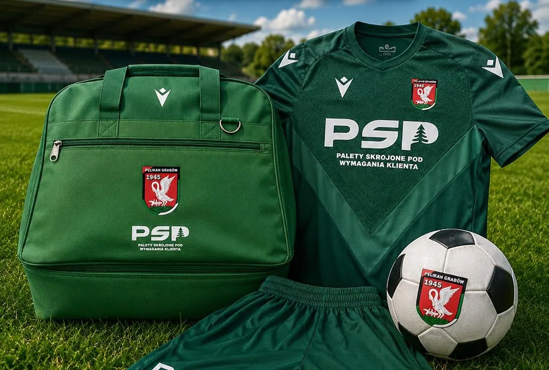 Strój meczowy i torba klubu Pelikan Grabów z logo PSP